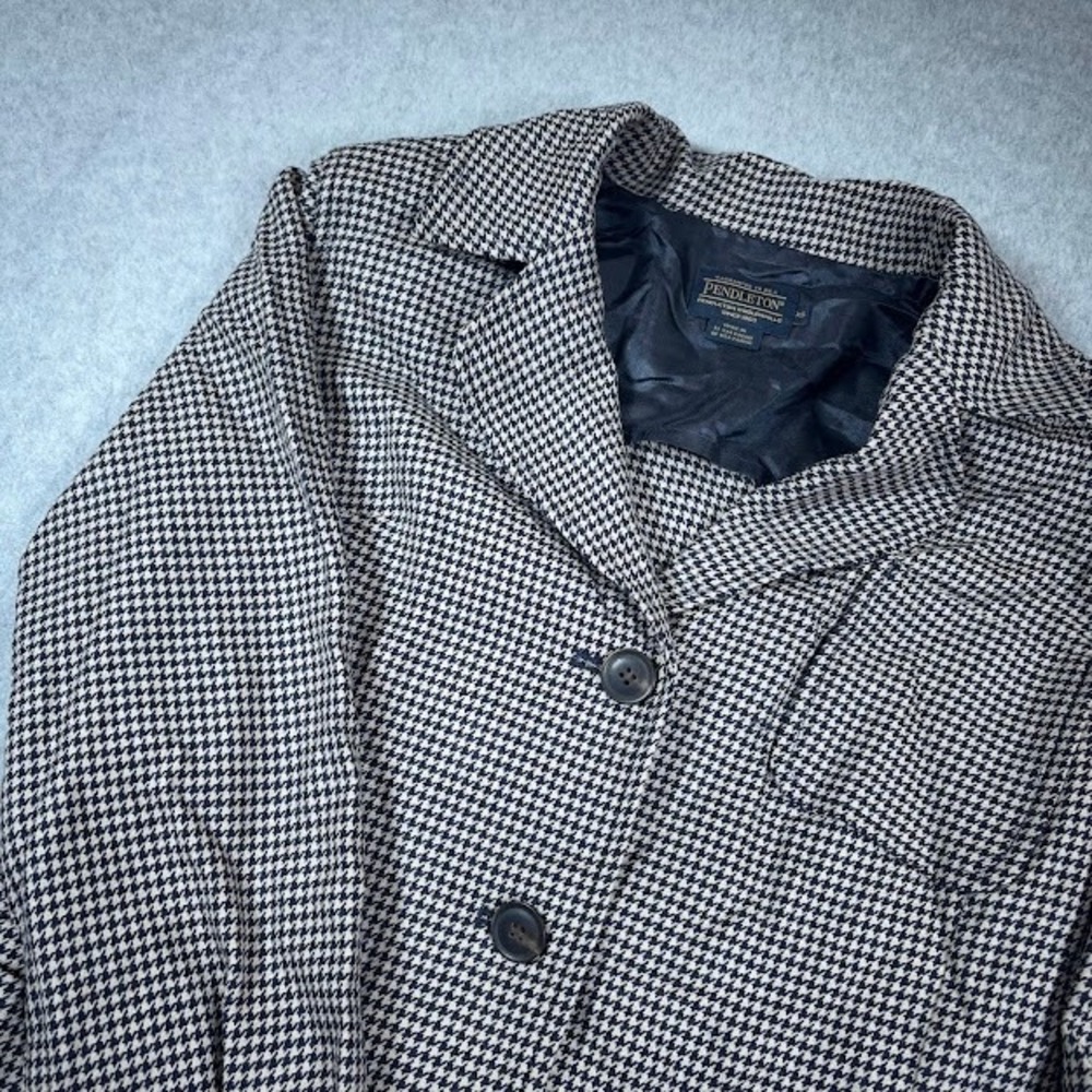 Pendleton Blazer Jacket Women XS Houndstooth Navy Tan Striped Wool Blend